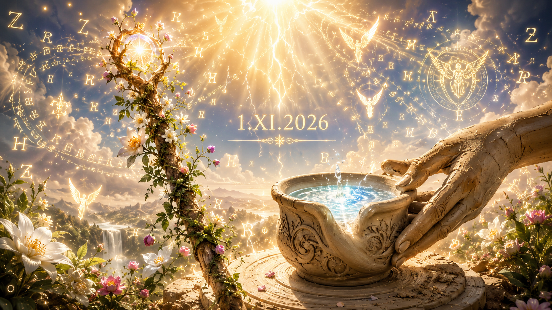 ROD Coin — lightning from a clear sky, a living blooming rod, a hand shaping a vessel filled with the water of life, angel letters and the date 1 November 2026